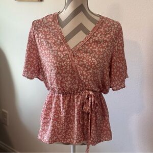Womens Sienna Sky Blouse – Rust Red Floral Wrap Top with Tie Waist – Medium